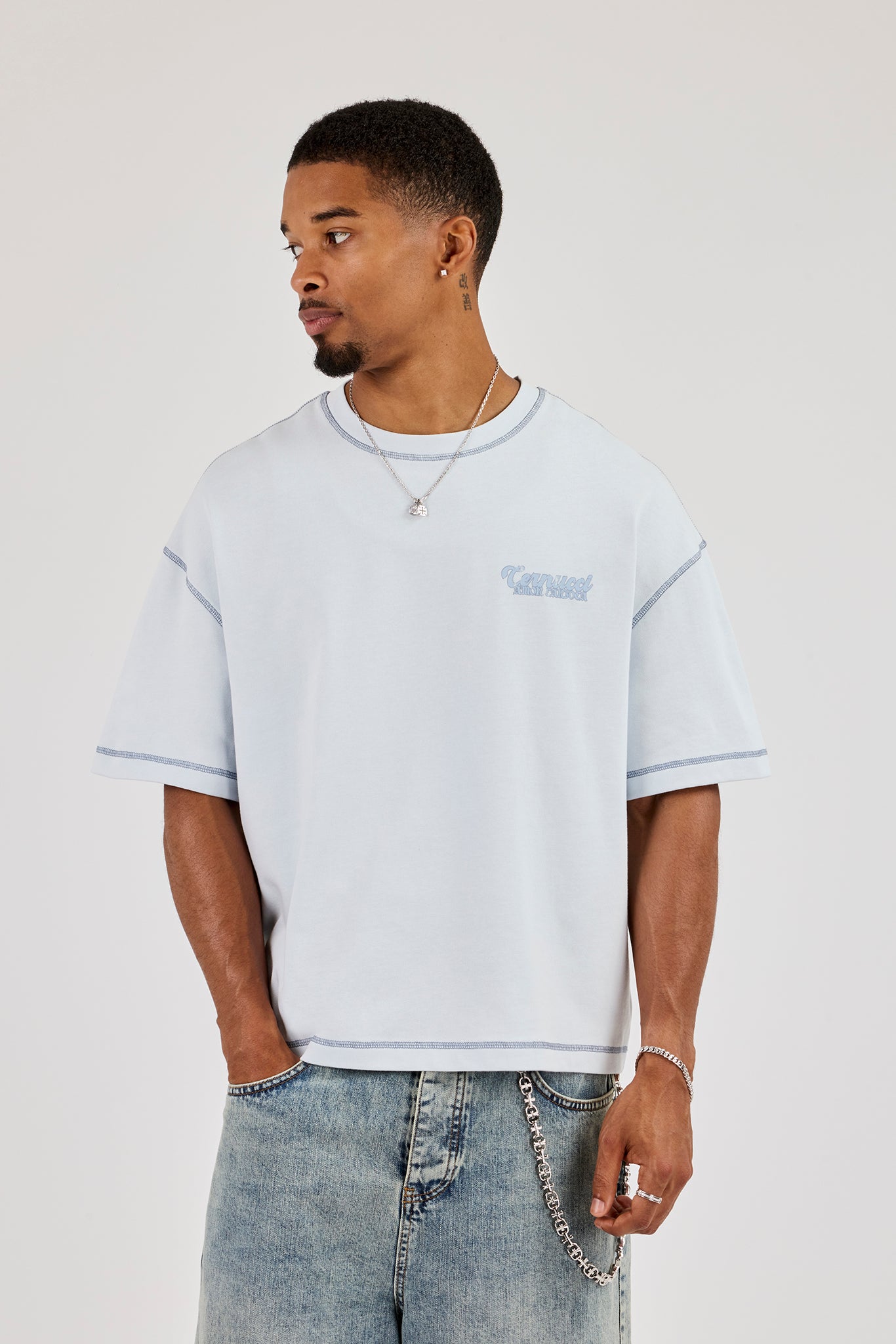 Amor Contrast Stitch Tonal Boxy T-Shirt - Blue